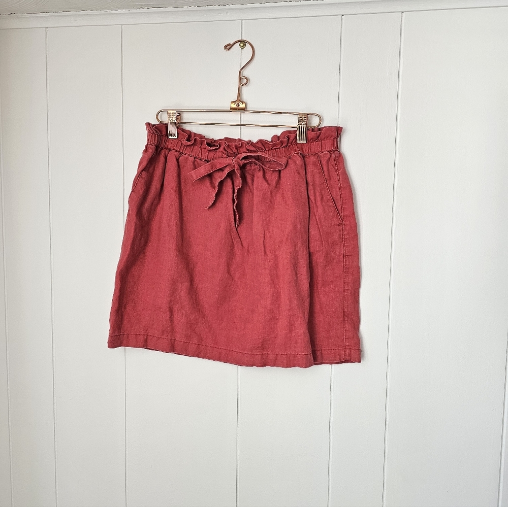 100% LINEN Kenar Red Mini Paper Bag Skirt with Tie Waist